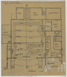 214938 Plattegrond van de begane grond van de schouwburg op het Vredenburg te Utrecht.